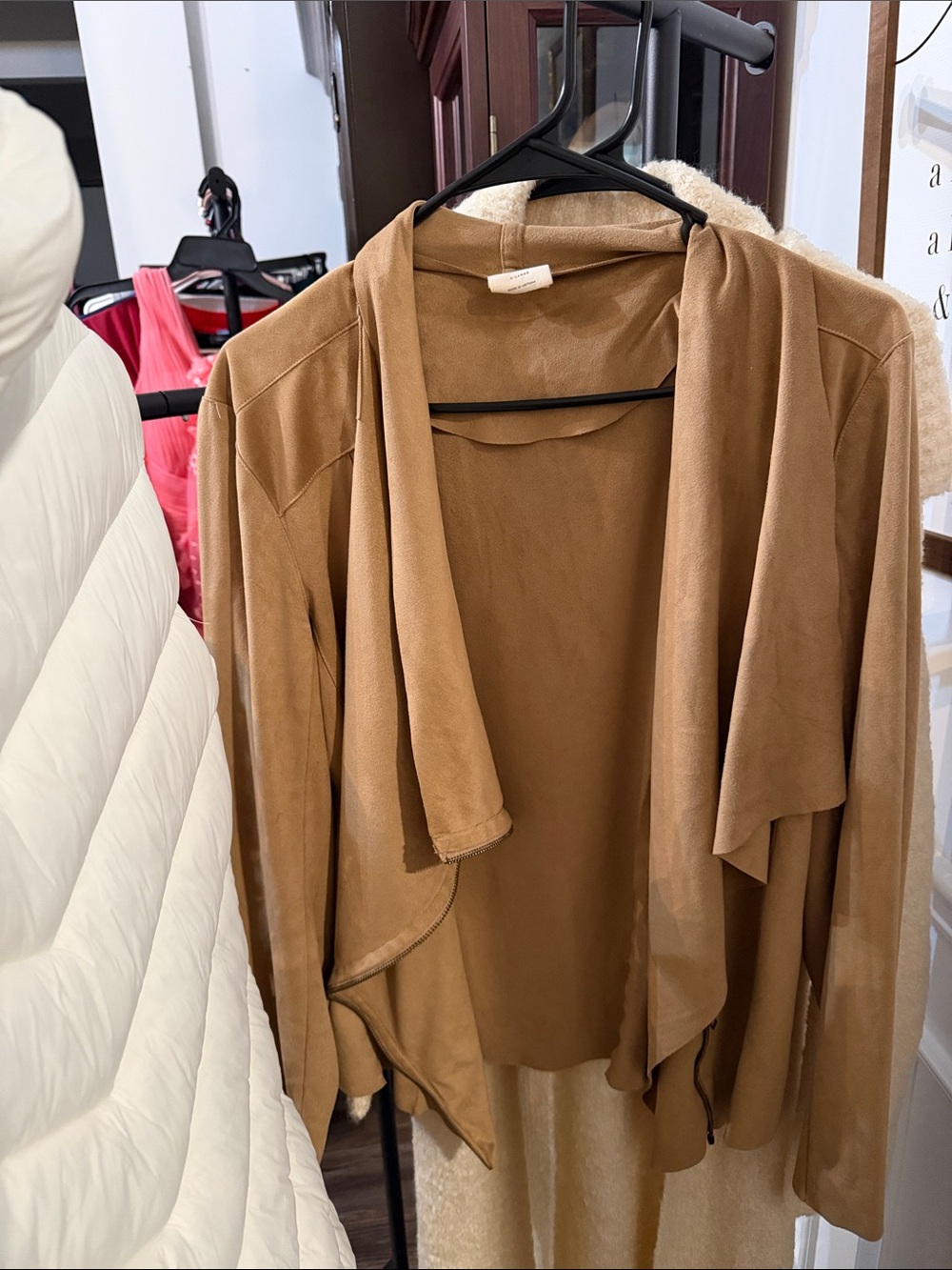 Open-Front Draped Suede-Look Jacket in Camel
